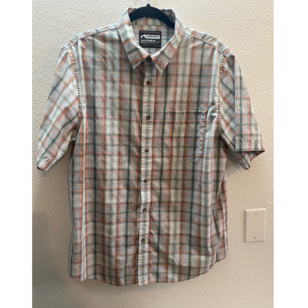 Mountain Khakis Shirt Mens Large Orange Blue Plaid Short Sleeve Button